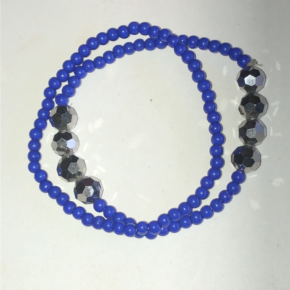 Blue Beaded Stretch Bracelets with Faceted Metallic Accent